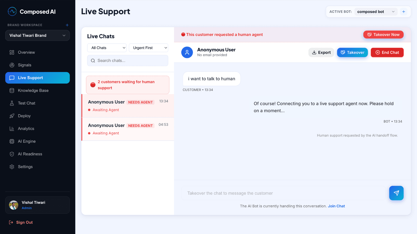 Human review queue showing conversations and signals waiting for a teammate